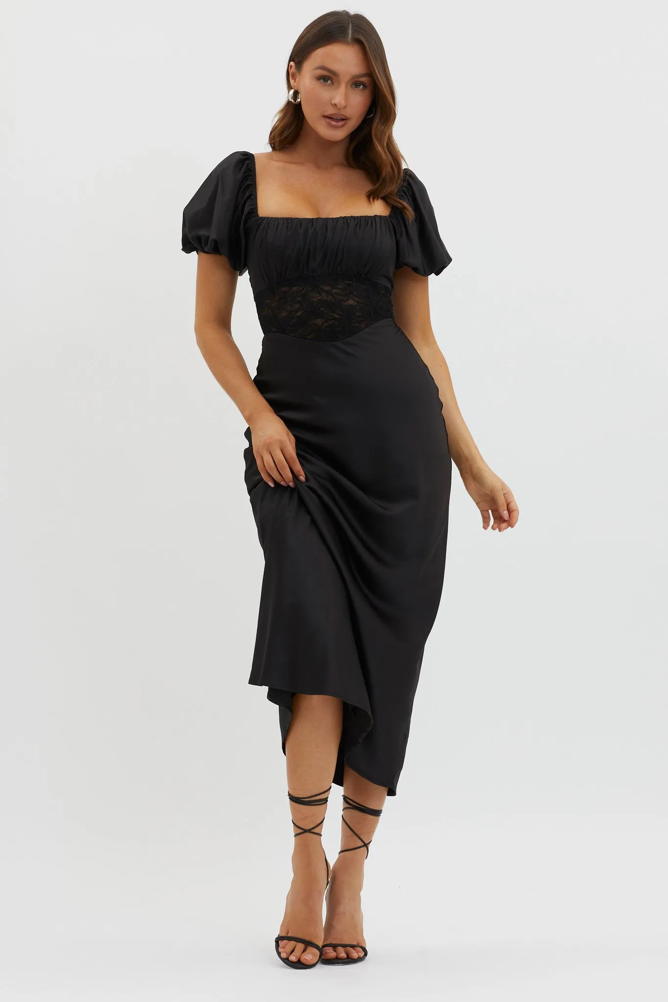 Allianna Puff Sleeve Lace Waist Midi Dress Black