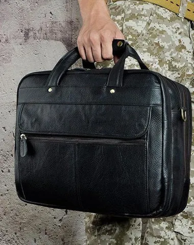 Black Leather Mens Large Briefcase Travel Bag Business Bag Work Bag for Men