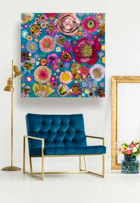 Blooms On Marine Blue Canvas Wall Art