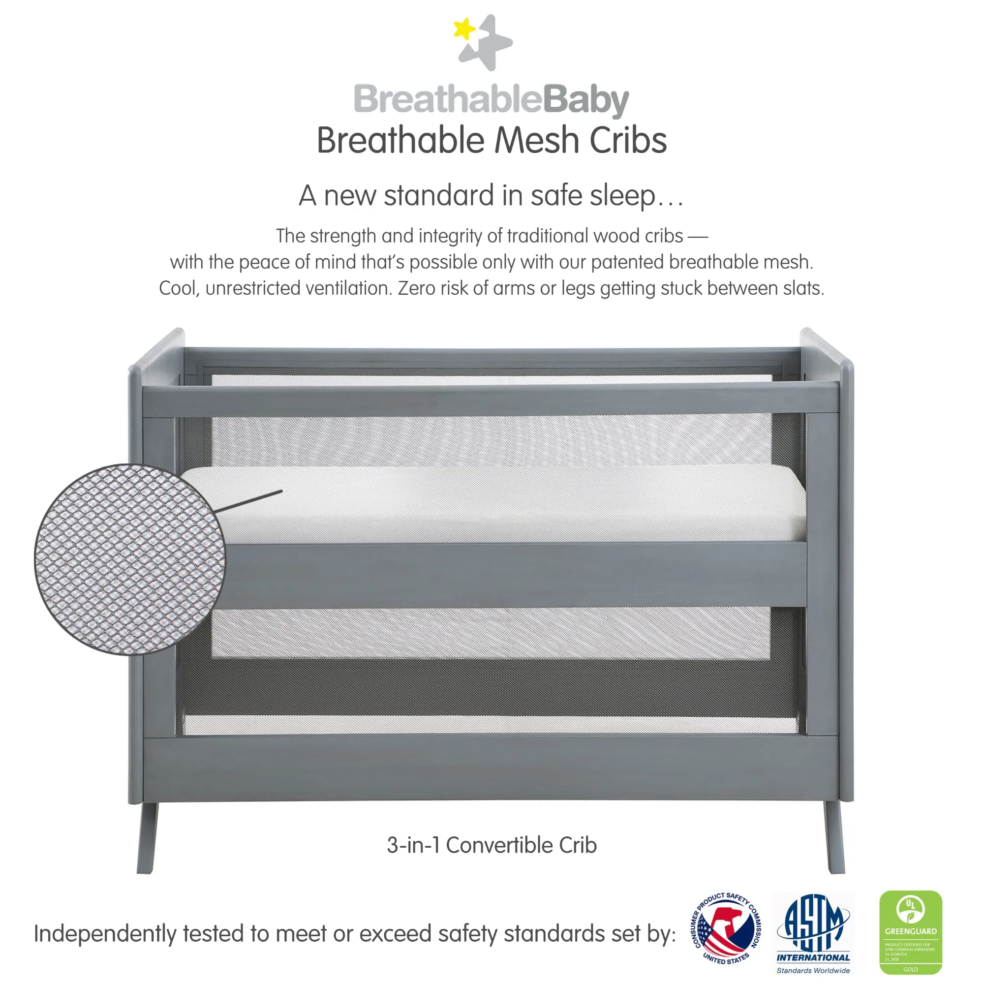 BreathableBaby Mesh 3-in-1 Convertible Crib - Gray