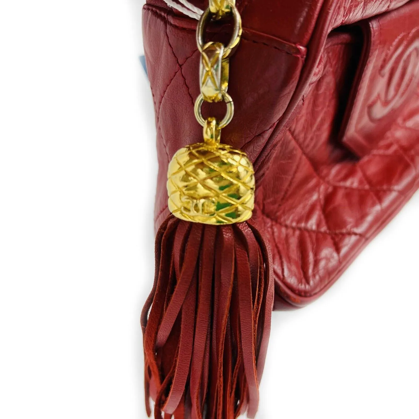 CHANEL - Vintage CC Red Lambskin Gold Chain Tassel Camera Bag Crossbody