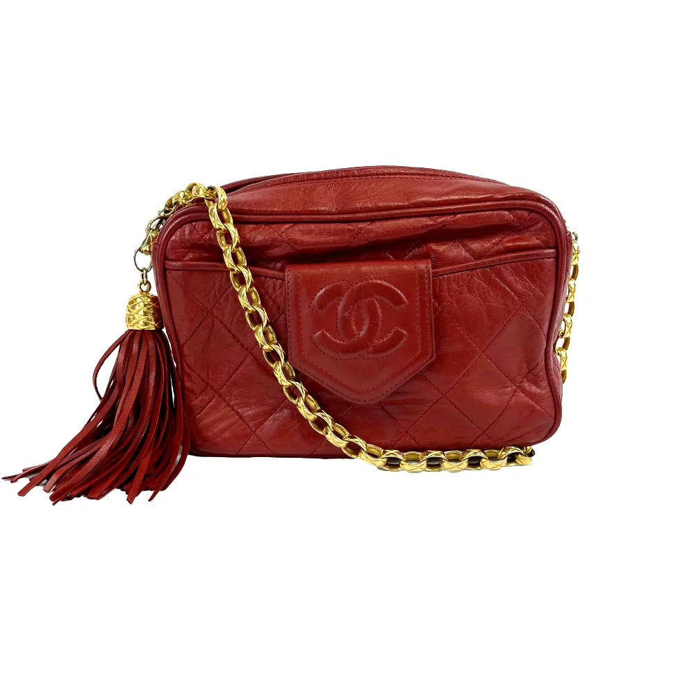 CHANEL - Vintage CC Red Lambskin Gold Chain Tassel Camera Bag Crossbody