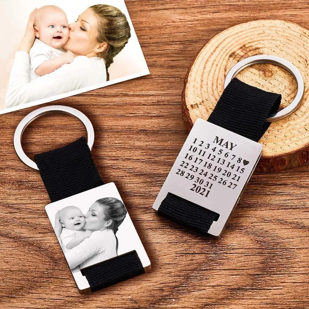 Custom Photo Engraved Calendar Key Chain Keyring Gift for Valentine's Day Gift For Him