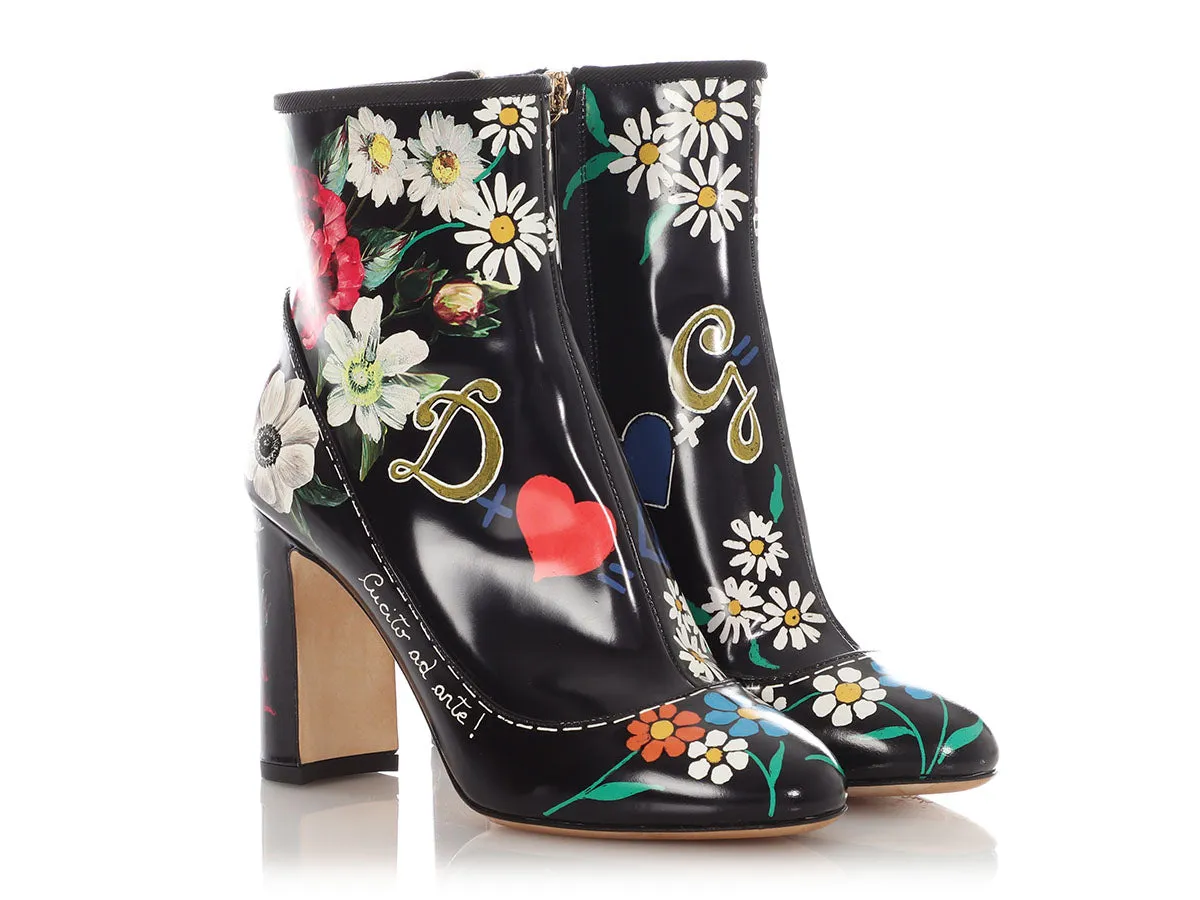 Dolce & Gabbana Black Floral Printed Ankle Boots