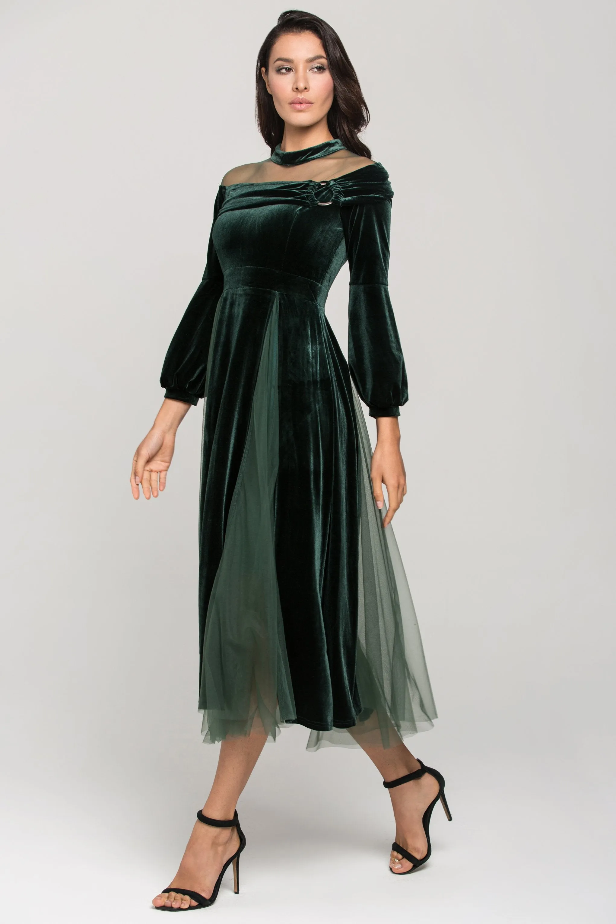 Green Velvet Puff Sleeves Sheer Yoke Ball Dress