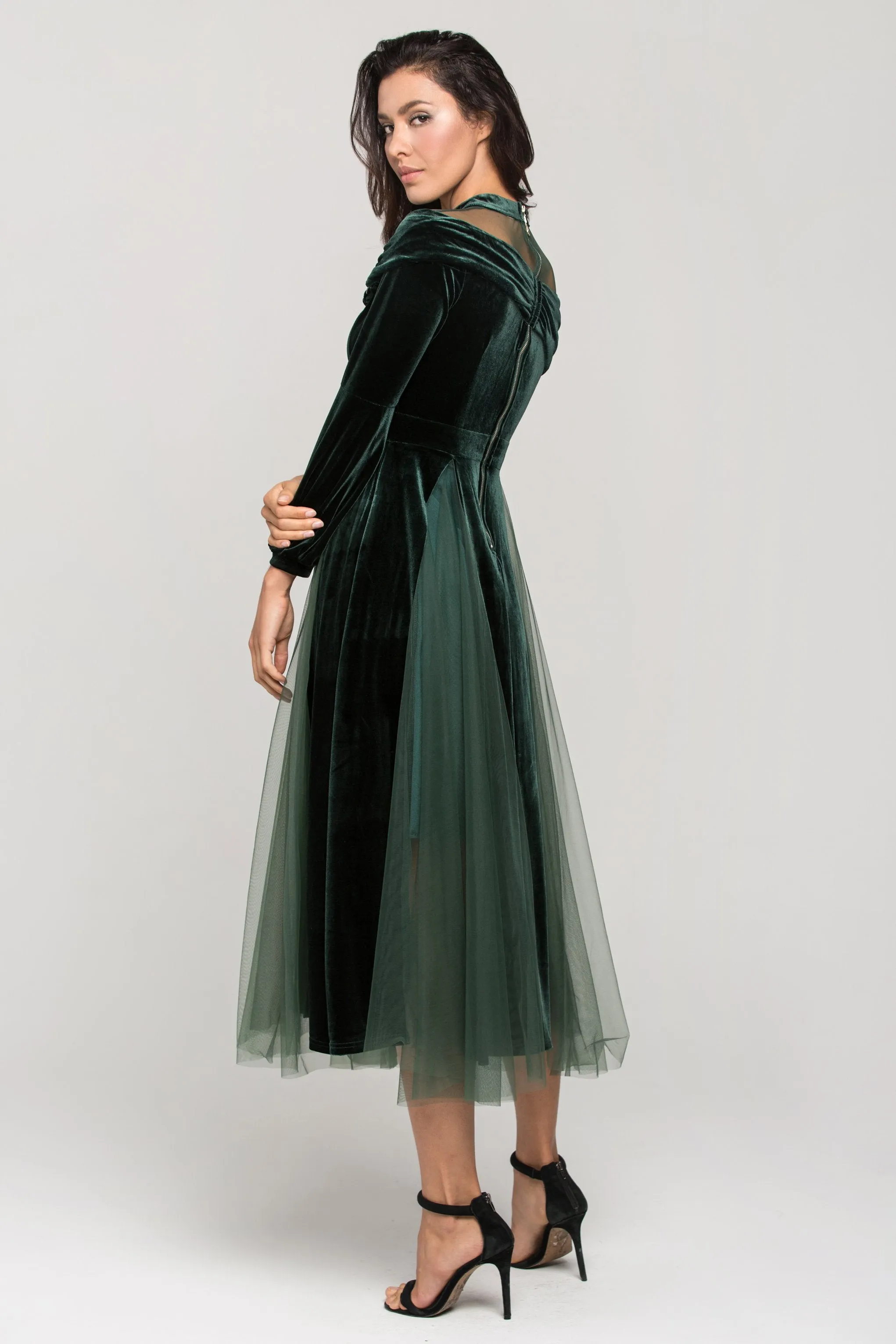 Green Velvet Puff Sleeves Sheer Yoke Ball Dress