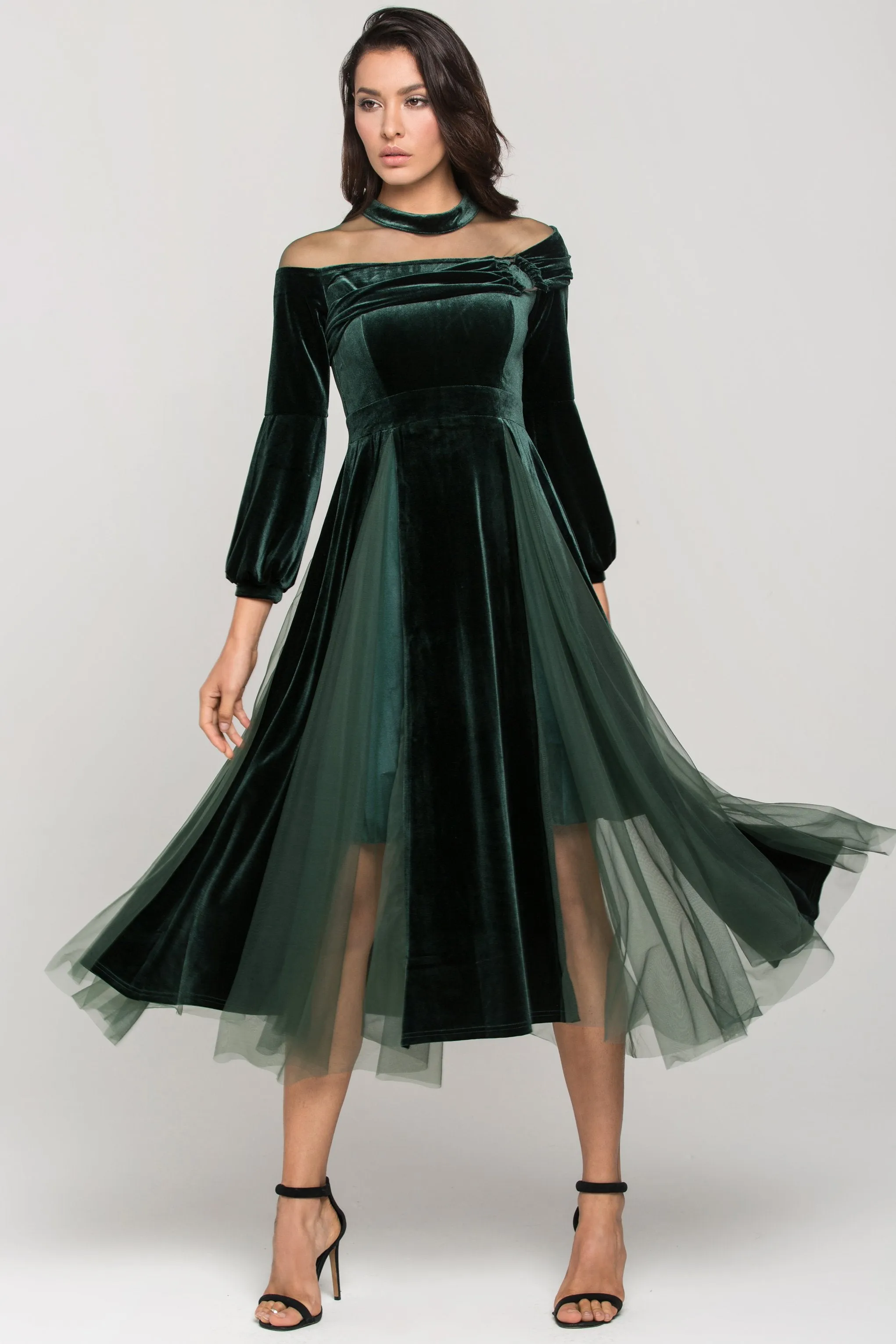 Green Velvet Puff Sleeves Sheer Yoke Ball Dress