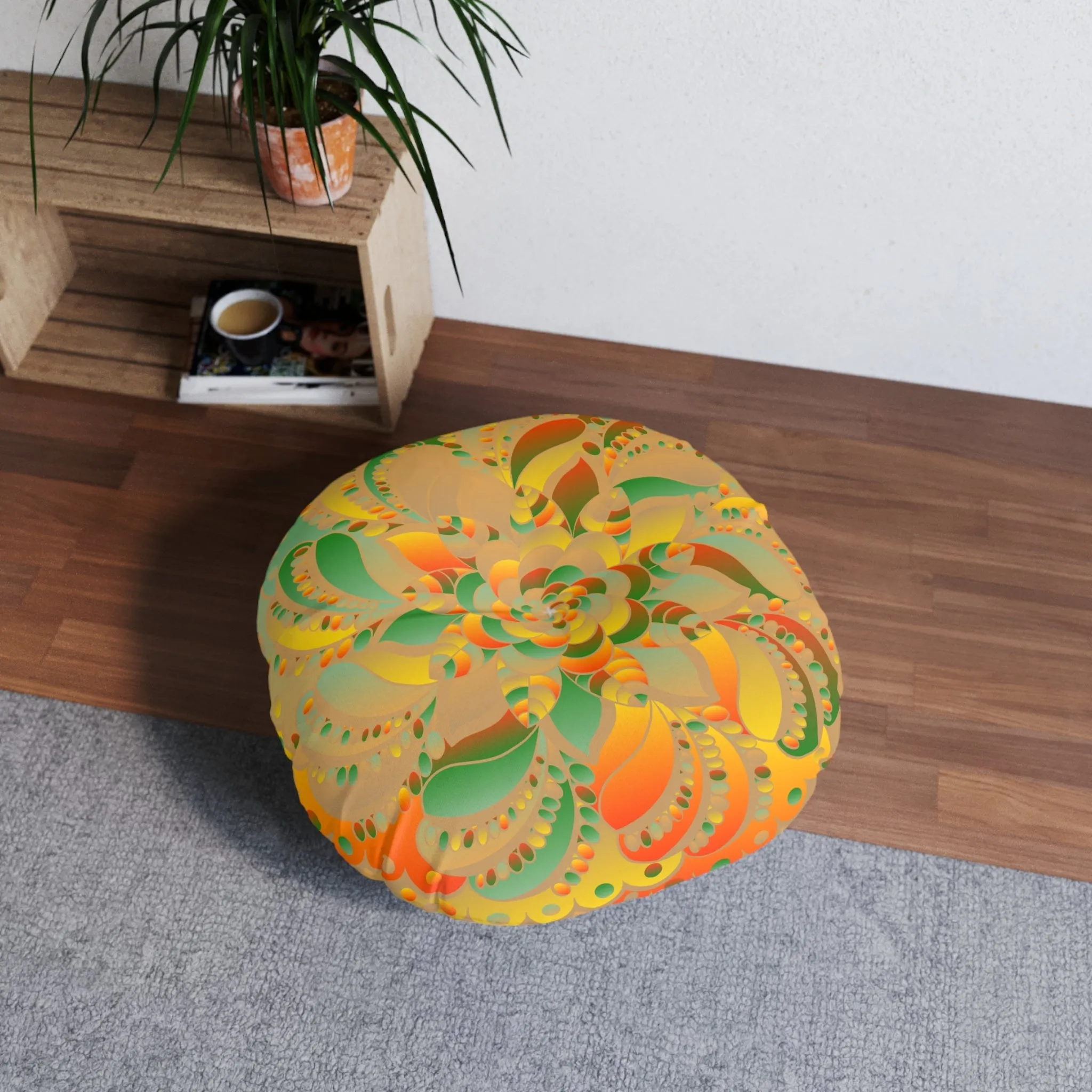 Hand-drawn Mandala Art Tufted Floor Pillow - Round Dune