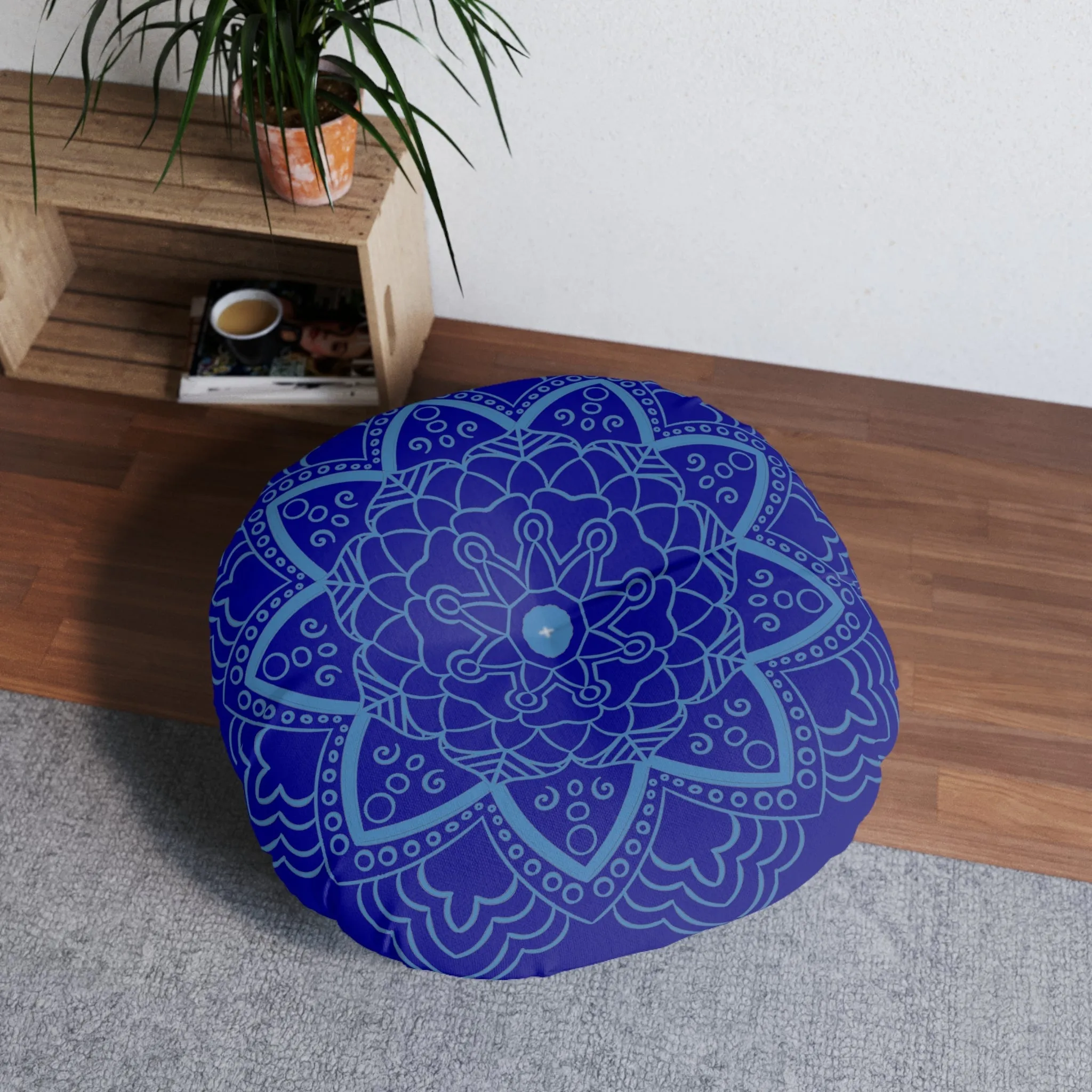 Handmade Mandala Art Floor Cushion - Steel Blue Mandala Art - Round