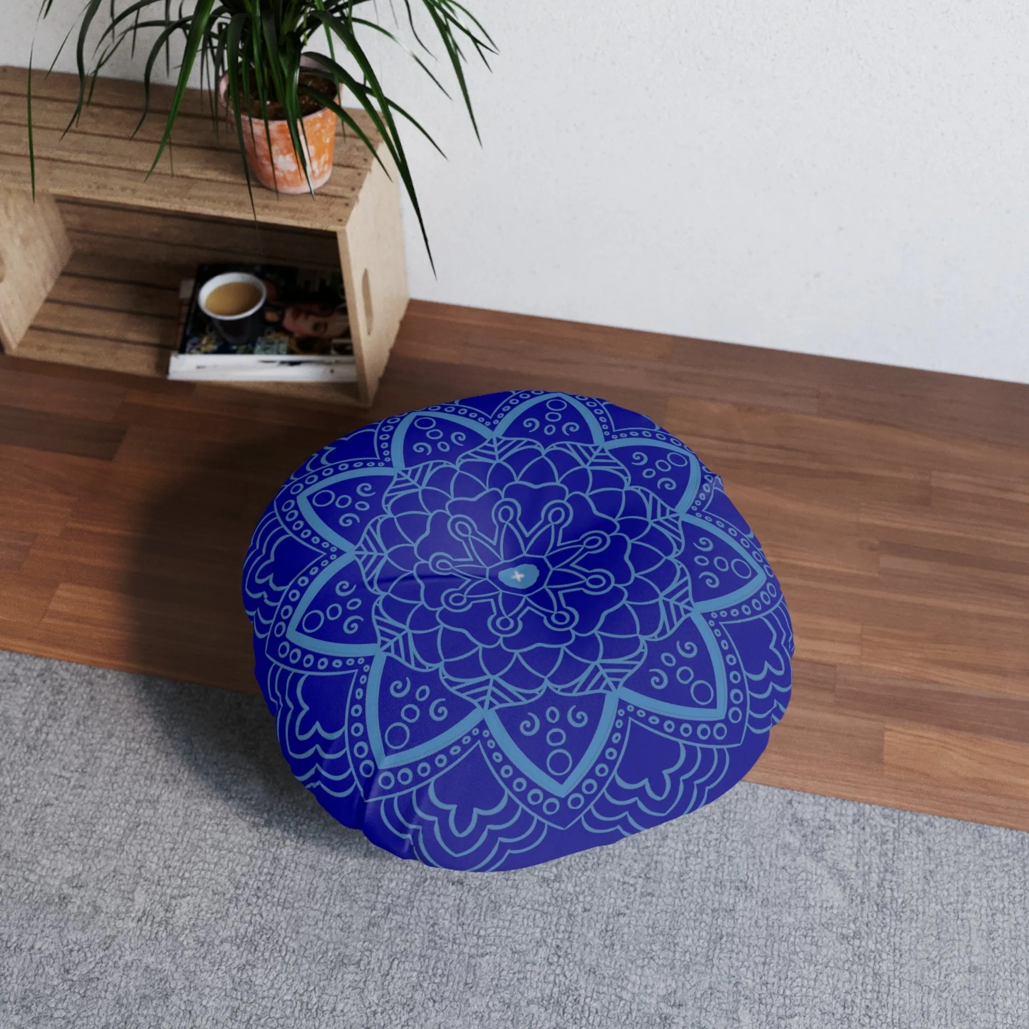 Handmade Mandala Art Floor Cushion - Steel Blue Mandala Art - Round