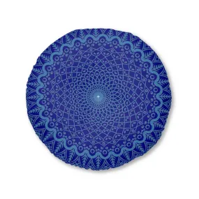 Handmade Mandala Art Steel Blue Floor Cushion - Tufted Round Pillow