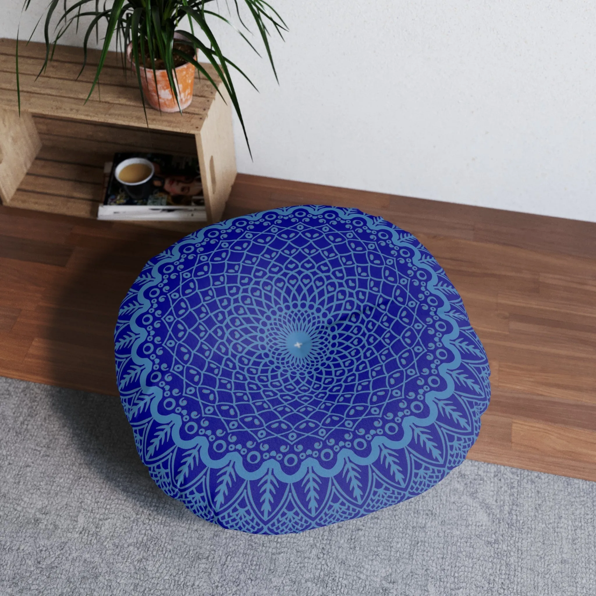 Handmade Mandala Art Steel Blue Floor Cushion - Tufted Round Pillow