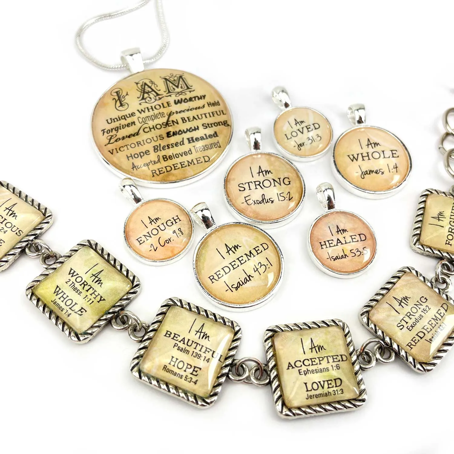 I AM Hope, Romans 5:3-4 – Christian Affirmations Scripture Pendant Necklace (2 Sizes) – Jewelry Set