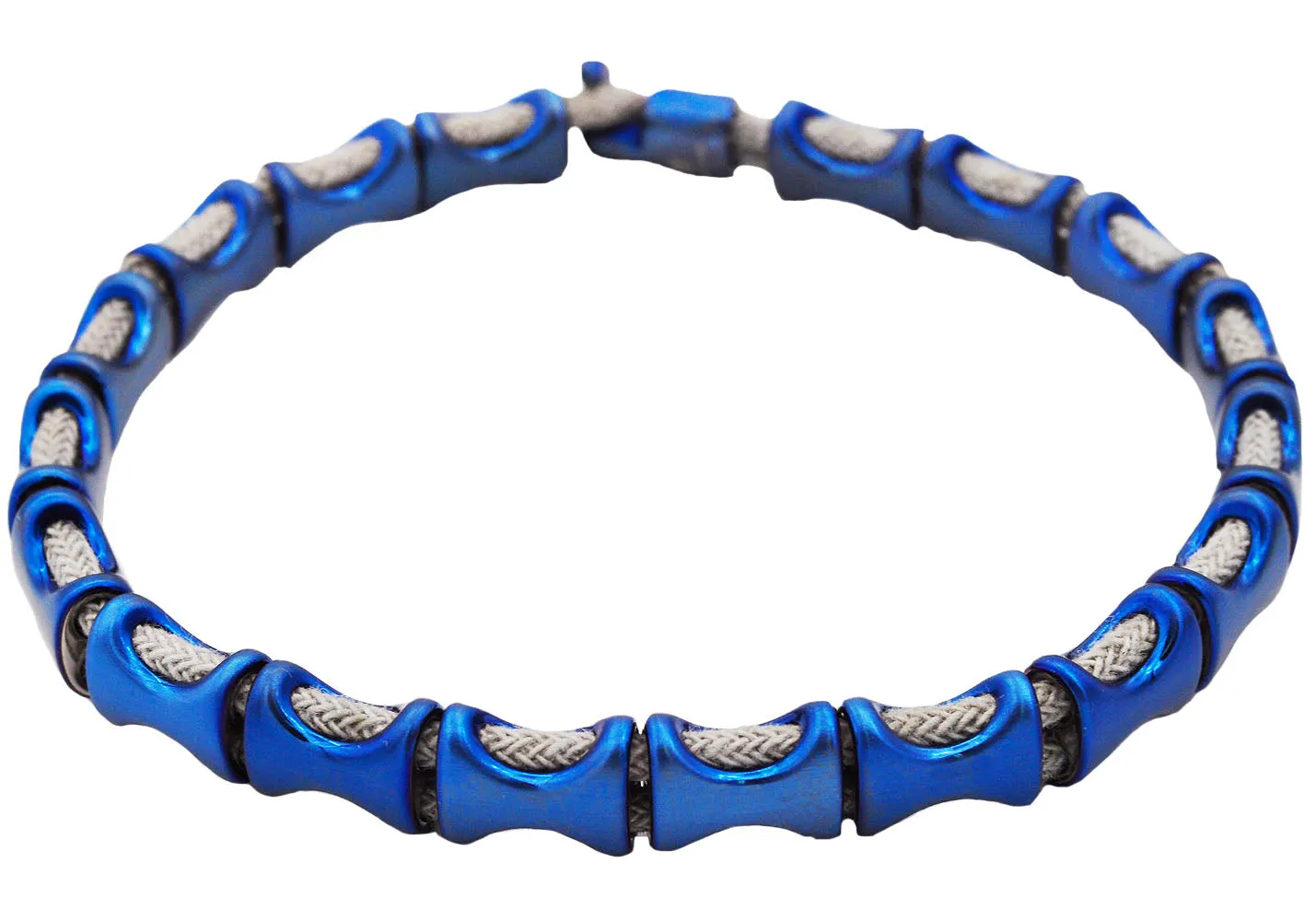 Mens Blue Stainless Steel Gray Cotton Rope Bracelet