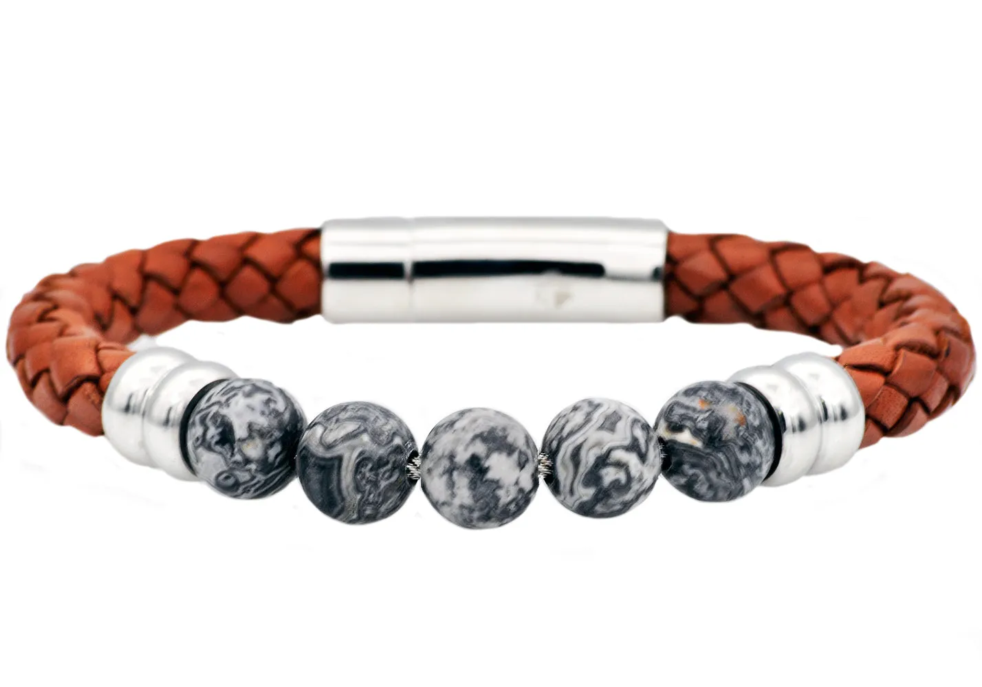 Mens Genuine Gray Jasper And Brown Leather Stainless Steel Beaded Bracelet