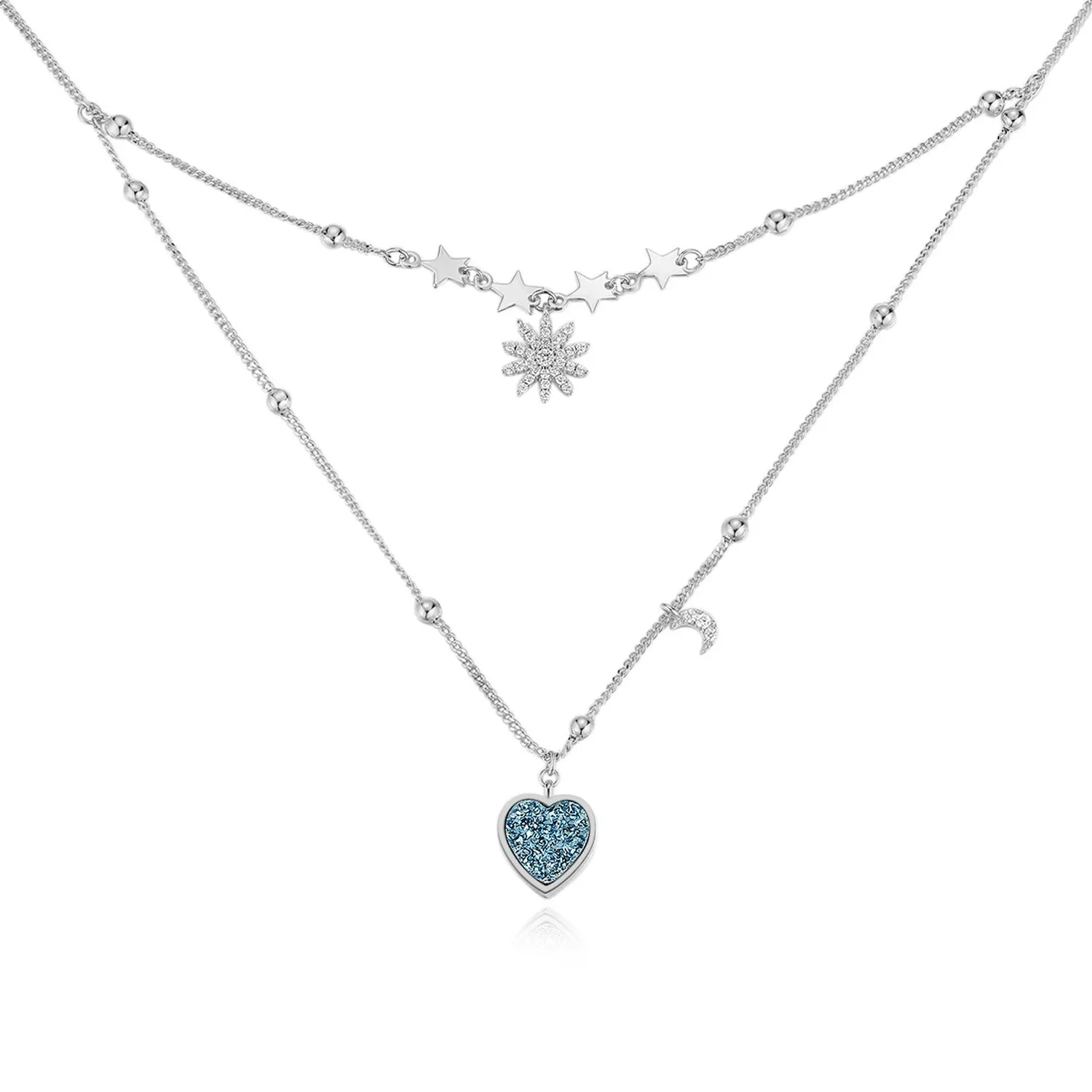 (Pre-order) Blue Druzy Silver Layered Necklace - Love Note