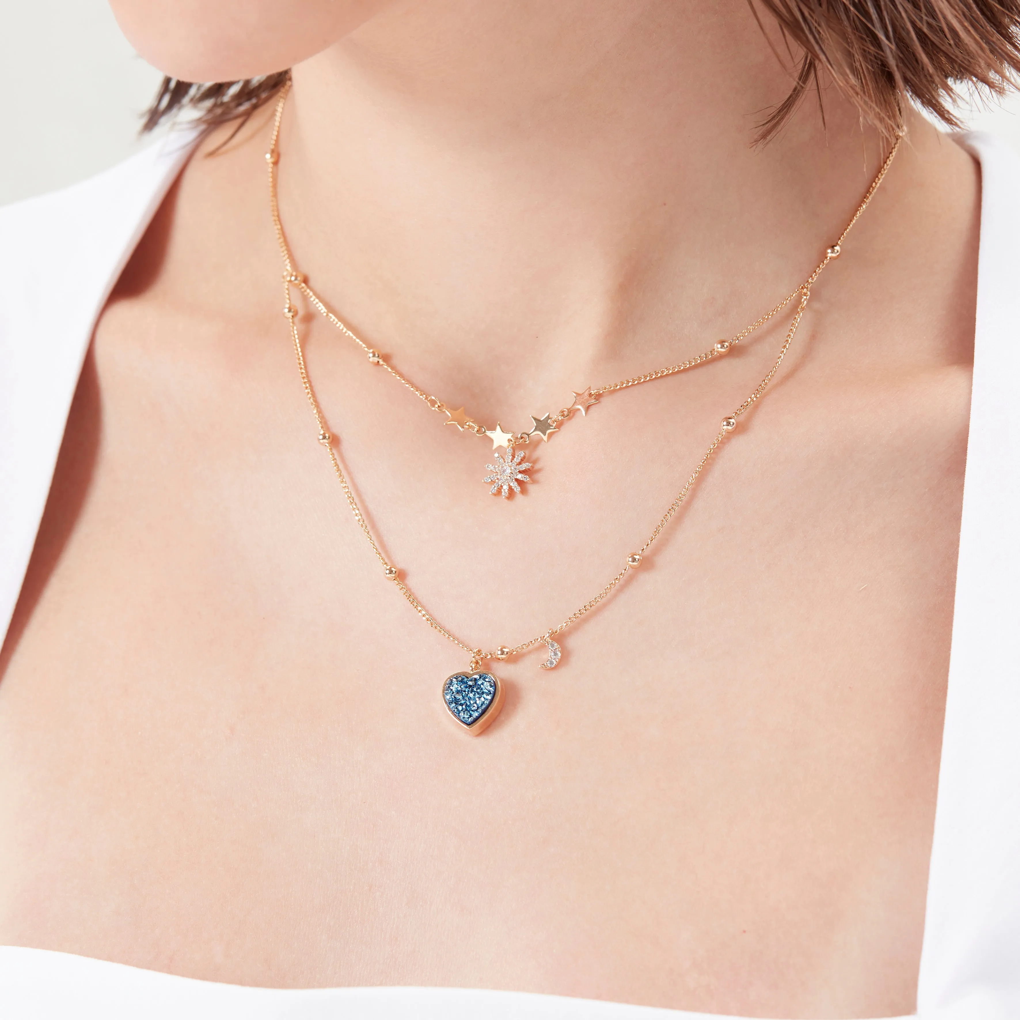 (Pre-order) Blue Druzy Silver Layered Necklace - Love Note