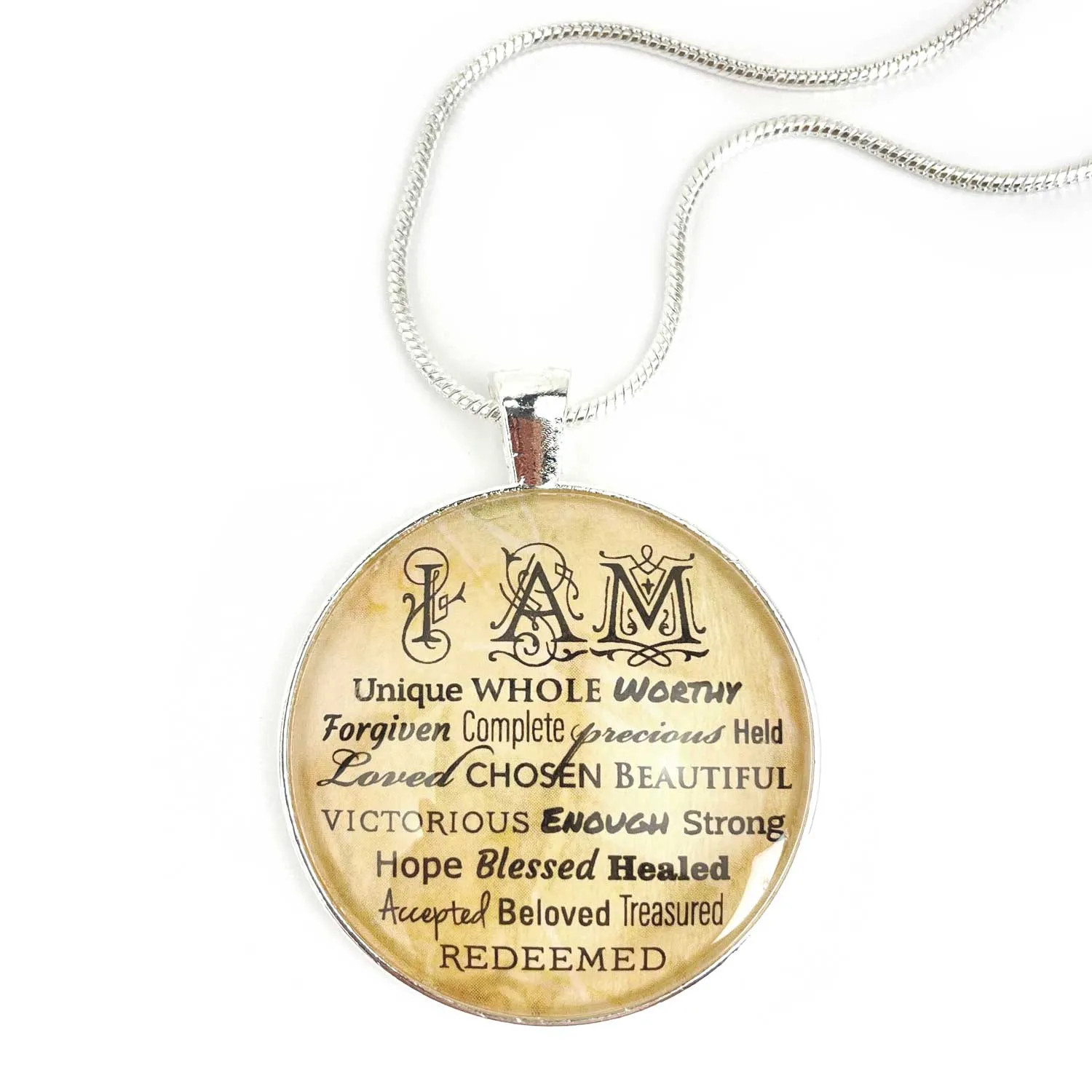 "I AM" Strong, Unique, Beautiful, Loved, Enough – Christian Affirmations Silver-Plated Scripture Pendant Necklace – Jewelry Set