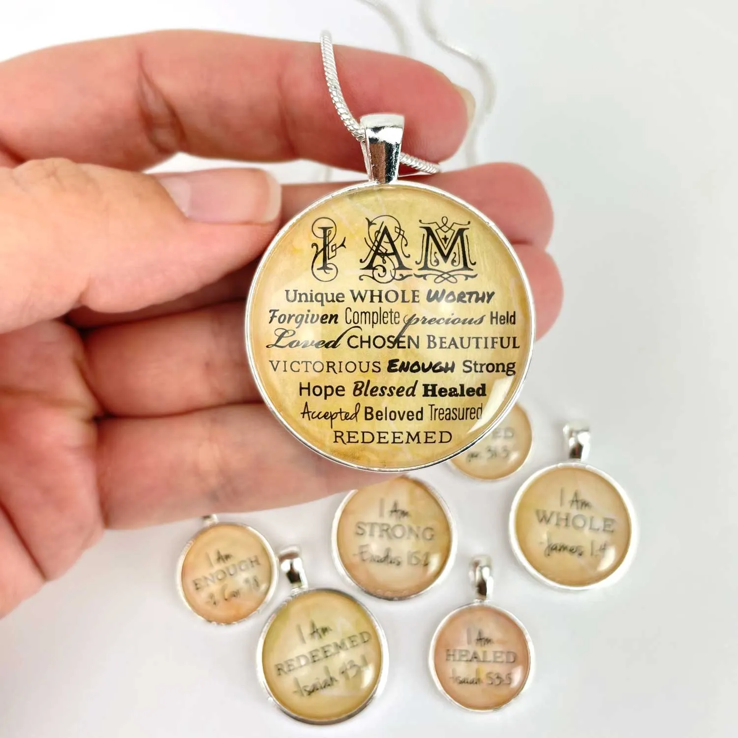 "I AM" Strong, Unique, Beautiful, Loved, Enough – Christian Affirmations Silver-Plated Scripture Pendant Necklace – Jewelry Set